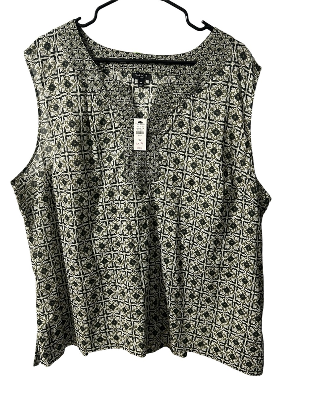 Talbots Plus Size 3X Sleeveless Geometric Print Blouse 100% Cotton Olive NWT